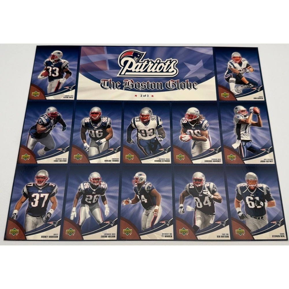 2007 Upper Deck New England Patriots Boston Globe Complete 3 Sheet Set Tom Brady